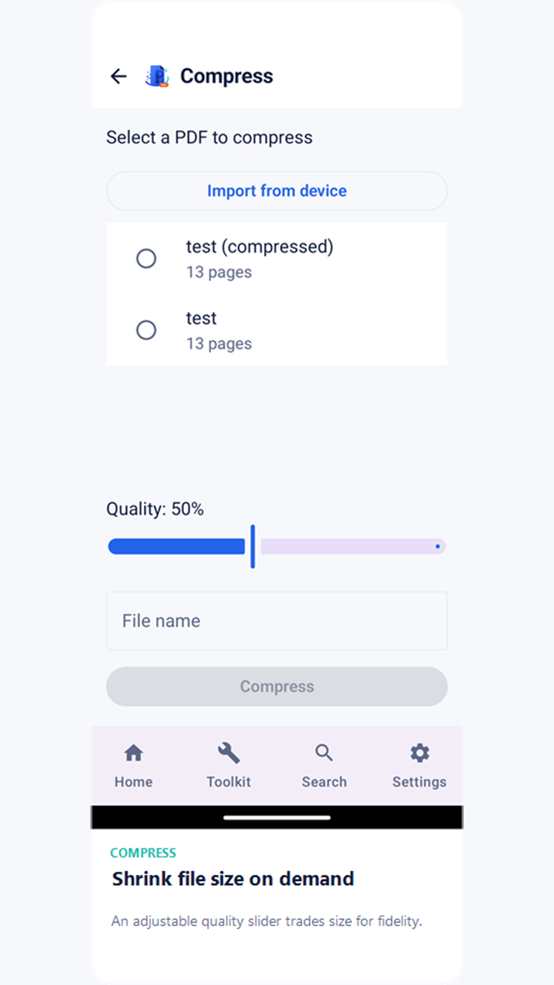 Compress screen with a quality slider
