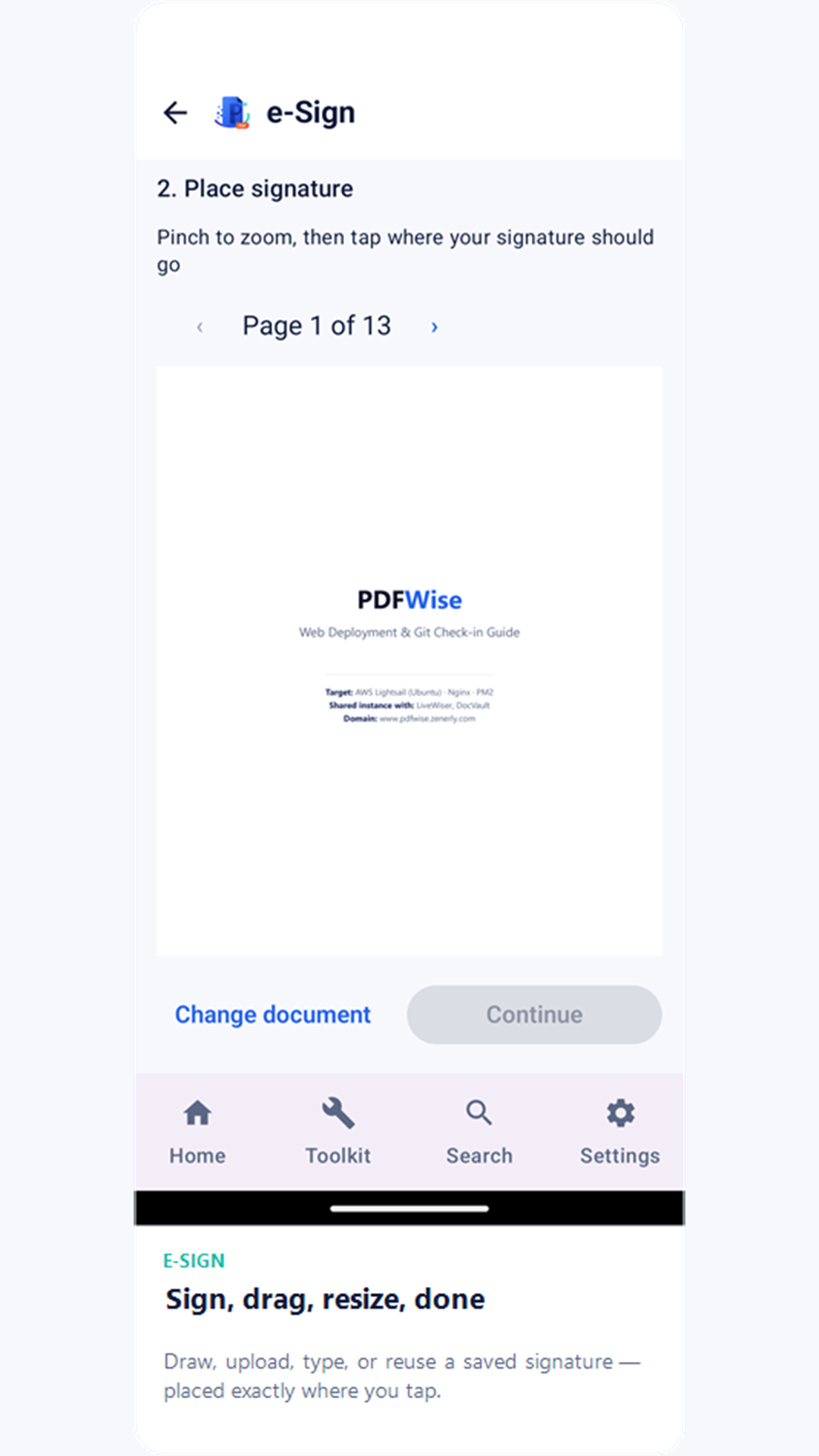 e-Sign screen placing a signature on a document page