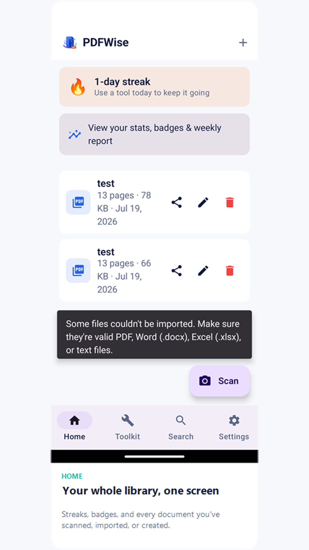 PDFWise Home screen listing your PDF library — your library, streak, and the + button to import