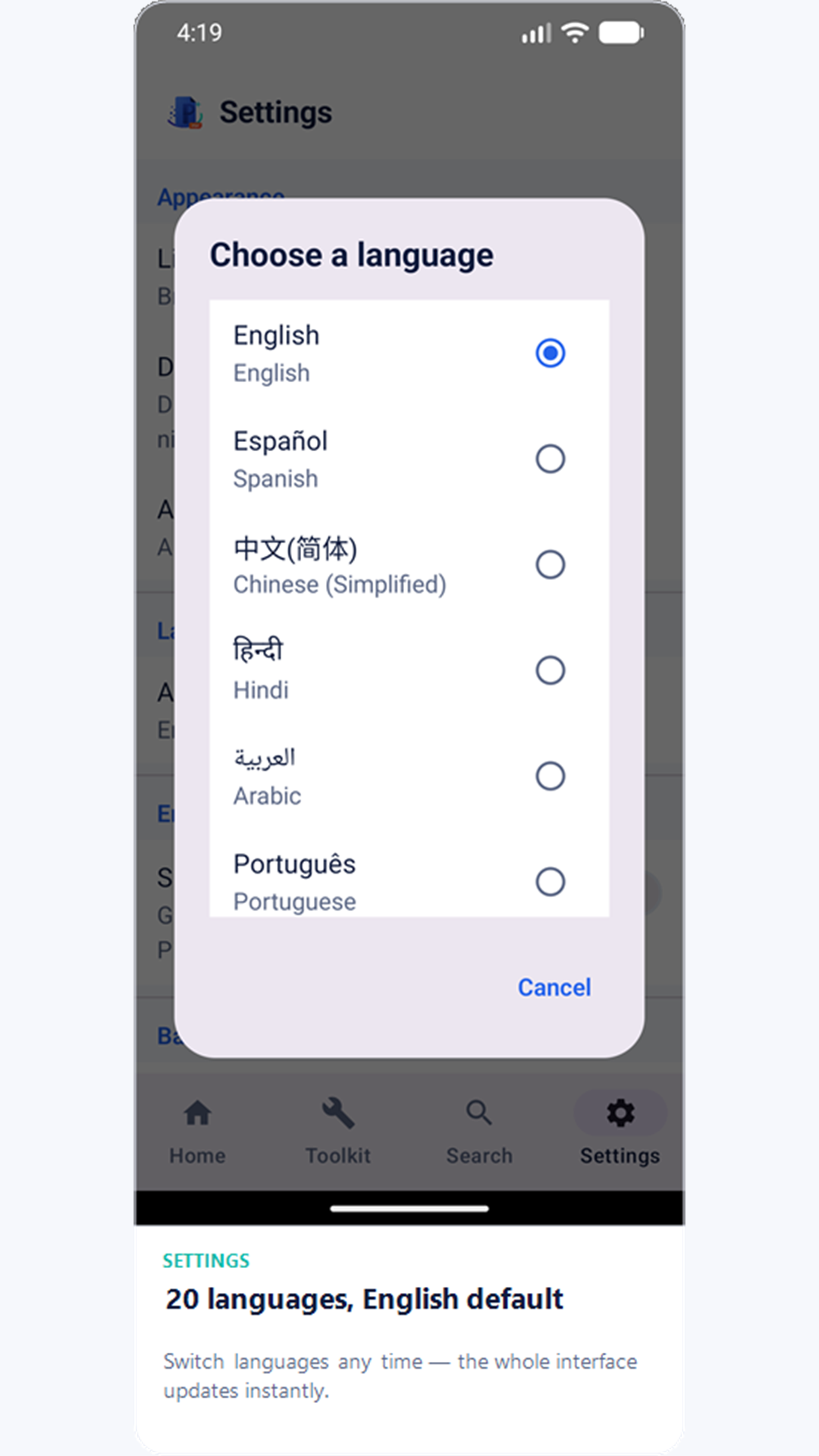 Language picker listing English, Spanish, Chinese, Hindi, Arabic, Portuguese