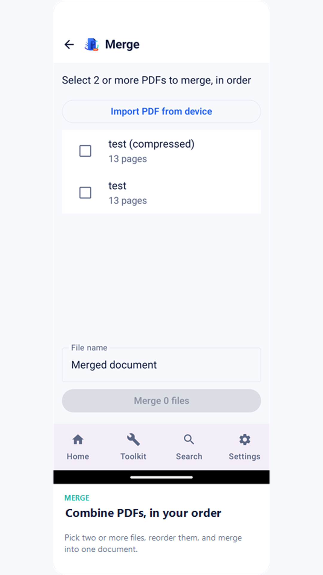 Merge screen with two PDFs selected