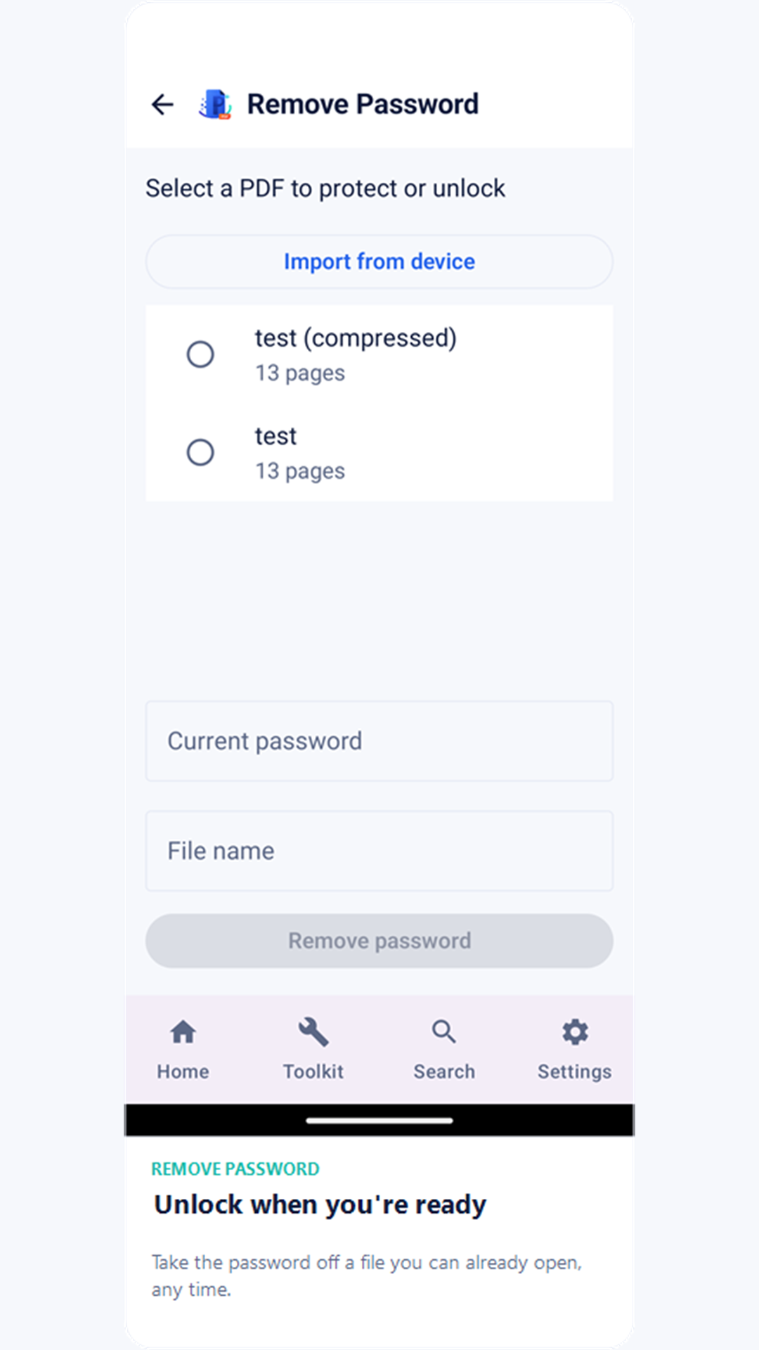Remove Password screen
