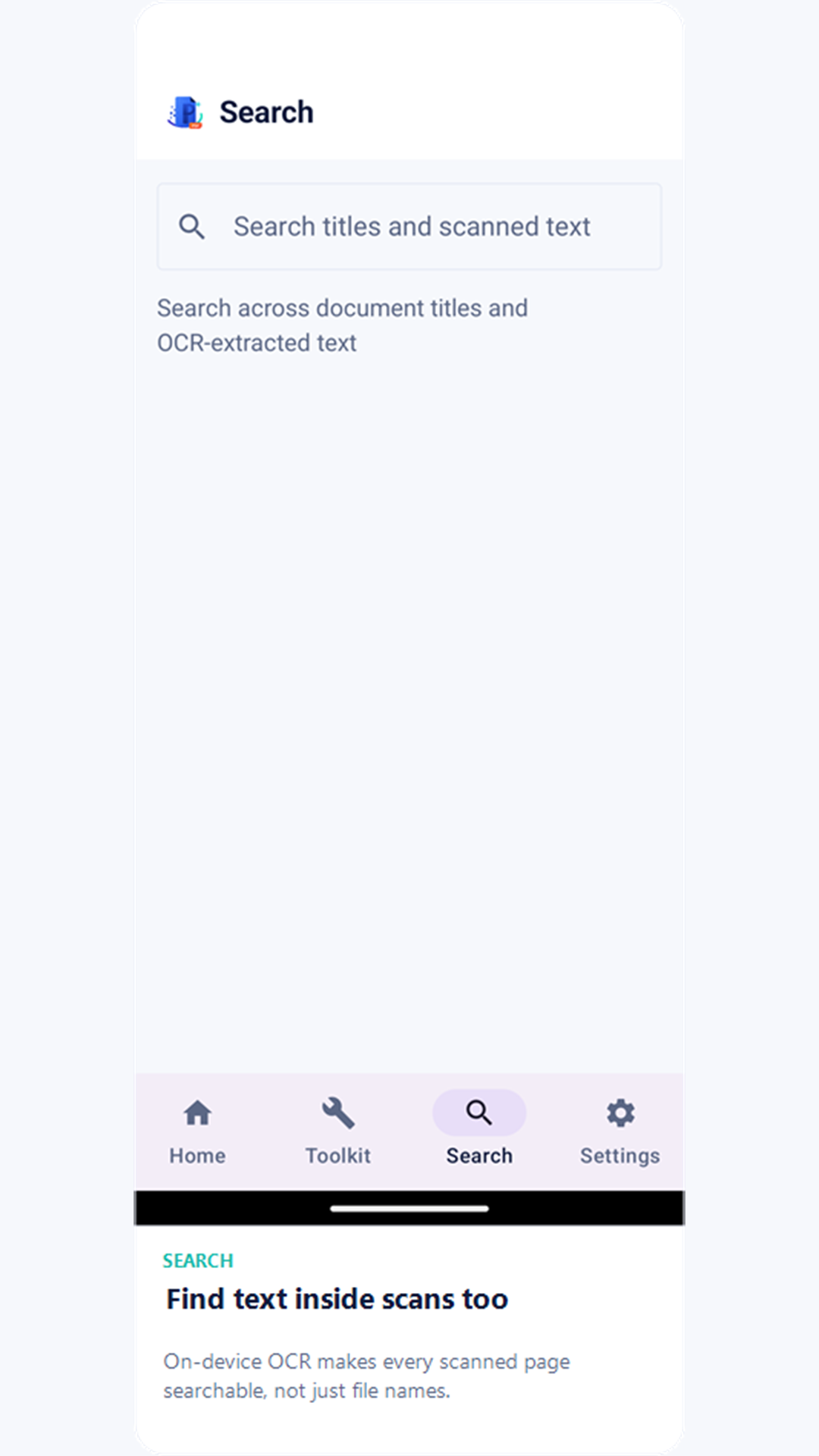 Search screen for titles and scanned text