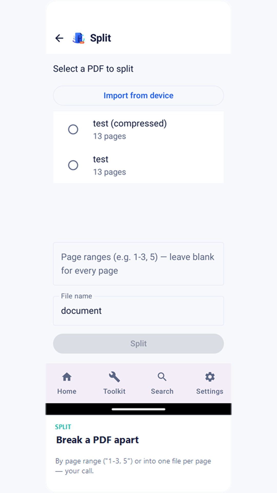 Split screen with a page range field