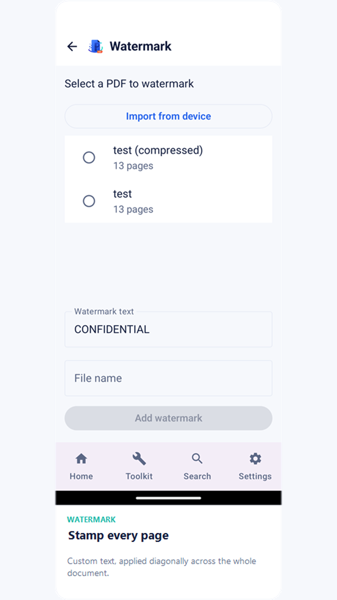 Watermark screen with a CONFIDENTIAL text field
