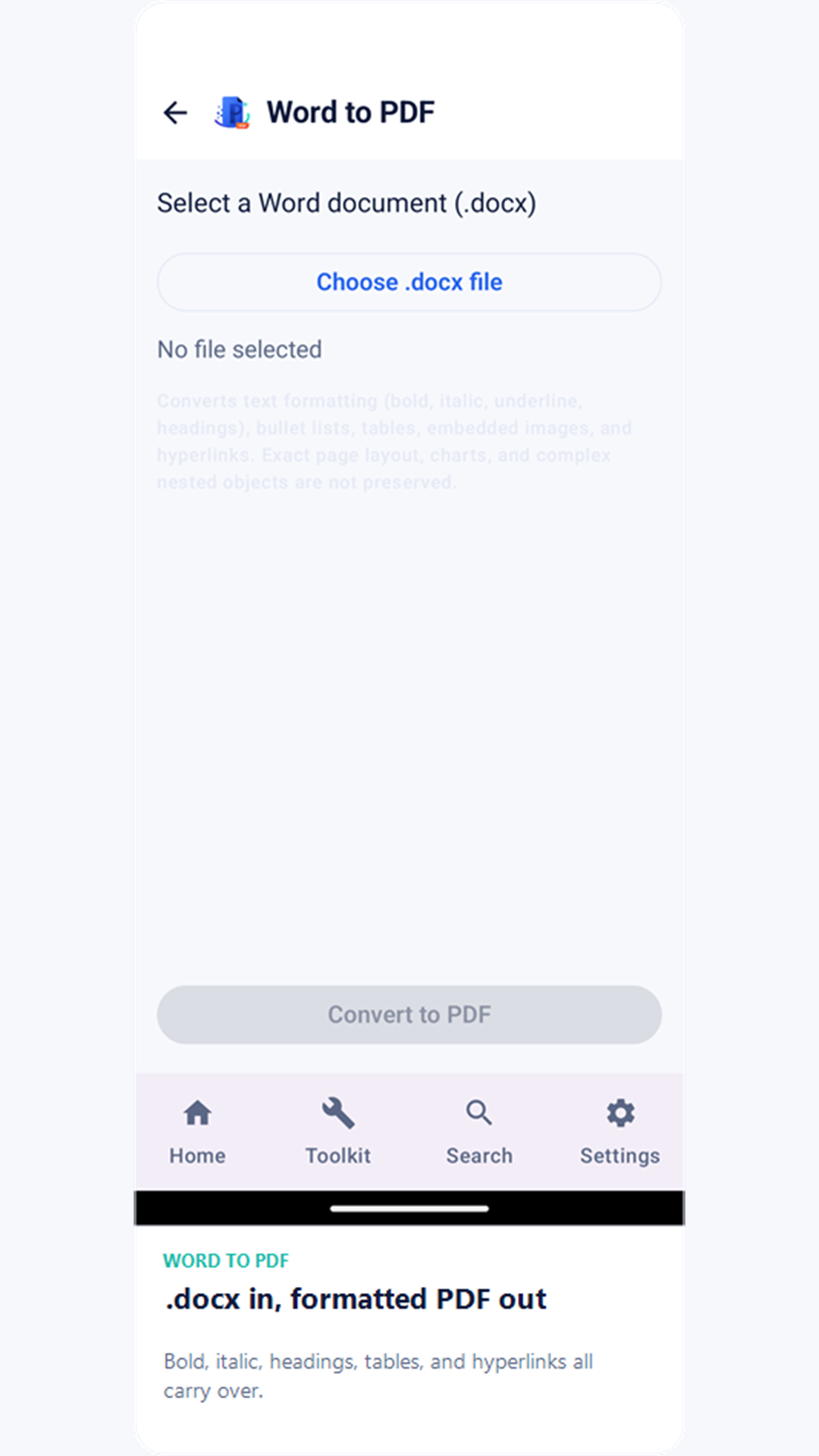 Word to PDF screen with a Choose .docx file button